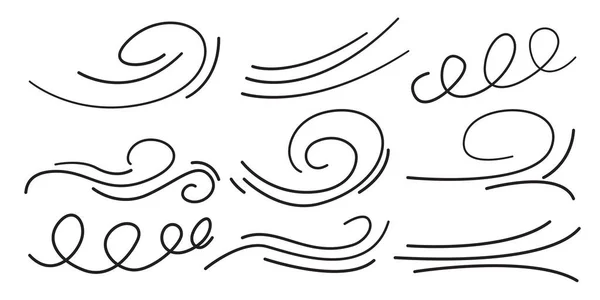 Collezione Wind Line Sketch Colpo Aria Doodle Disegnato Mano Movimento — Vettoriale Stock