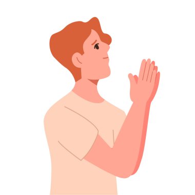 Adam Tanrı 'ya dua eder ve yukarı bakar. Hıristiyan mezhebinden İnanan Adam Tanrı 'ya dua ediyor. Düz Vektör Resimleri Beyaz Arkaplanda İzole Edildi.