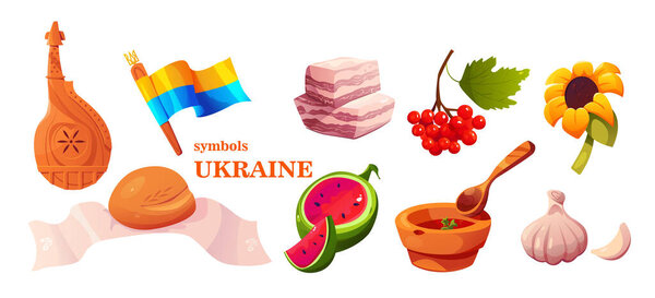 Symbols Ukraine Set. Bread with a Towel (Rushnyk), Bandura, Watermelon, Flag of Ukraine, Lard, Borsch, Garlic, Sunflower and Guelder Rose. Vector Illustration in Cartoon Style.