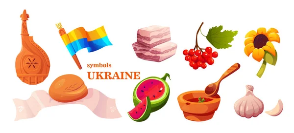 象征乌克兰设置 采购产品面包与毛巾 Rushnyk 班杜拉 乌克兰国旗 波尔希 向日葵和瓜尔德玫瑰 卡通风格的矢量图解 免版税图库插图