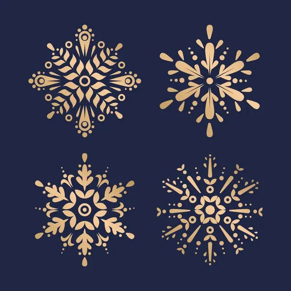 Set Copos Nieve Dorados Elementos Invierno Para Diseño Banners Decoraciones — Archivo Imágenes Vectoriales