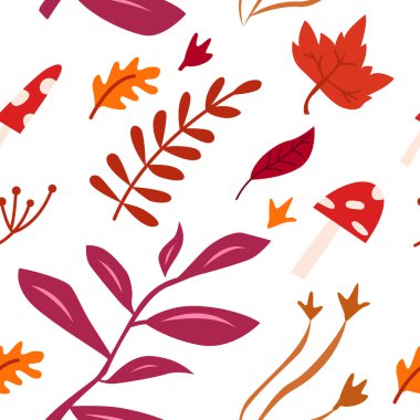 Sonbahar Yaprakları Kusursuz Şablon. Moda Düz Stil. Vektör Çiçek Arkaplanı.