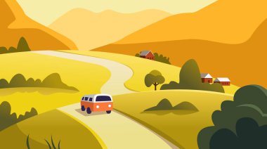 Sonbahar Gezisi. Dağ Sonbahar Yolu, şirin bir kamyoneti olan manzara. Vadideki otoban Meadow ve Trees 'den geçiyor. Düz Biçimli Vektör İllüstrasyonu.