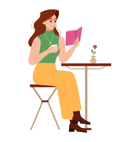 Wanita Membaca Buku Duduk Cafe Dengan Secangkir Kopi Pembaca Wanita - Stok Vektor