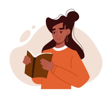 Genç Latin Kadın bir kitap okuyor. El Tutma Kitabı. Eğitim ya da Öğrenme. Vektör Resimleri, Düz Tasarım.