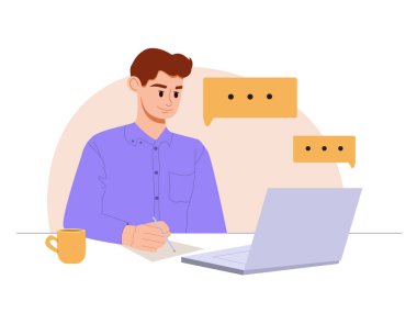 Student Studying Online. Education Concept. Young Man Using Laptop Sitting at Desk, Writing in Notebook and Watching Webinar Vector Flat Illustration.