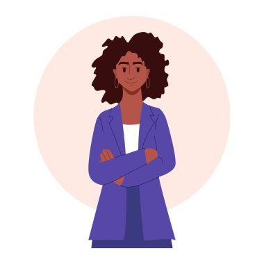 Confident Business Woman Isolated. Smiling beatiful Black Woman with Afro Hairstyle. Vector Flat Illustration.