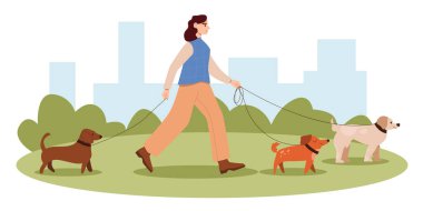 Concept of Dog Walking Service. Woman Walks with a Dogs in City Park. Volunteering.  Vector Flat Illustration.