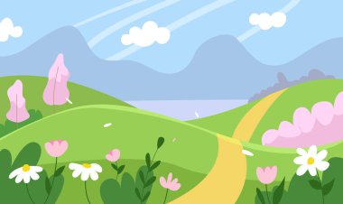 Güzel bir bahar manzarası. Green Hills, Blooming Trees, Flowers, Mountains ve Lake ile bahar sezonu. Düz Çizgi film Vektör İllüstrasyonu.