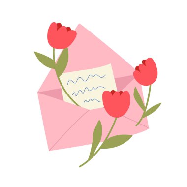 El Yazması Kağıt Mektupla Zarfı Aç. Laleli Bahar Postası. Düz Vektör İllüstrasyonu.