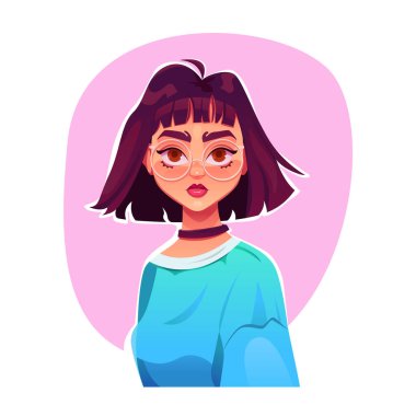 Koreli kız. Gözlüklü Genç Kız Anime Tarzı Karakteri. Kore sokak modası. Kadın Manga Çizgi Filmi Vektör İllüstrasyonu.