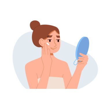 Cilt bakımı rutini. Küçük Aynaya Bakan Mutlu Kadın, Parmaklı Masaj Yüzü, Gülümseyen, Uygulayan Krem, Serum veya Yağ. Vektör Düz Çizim.