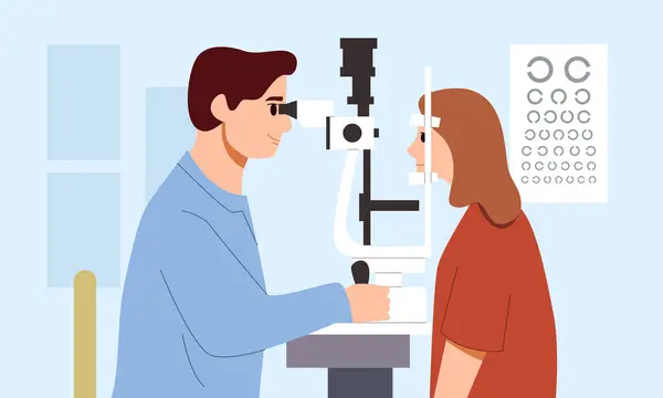 眼科医生检查年轻妇女的视力 眼科医学和光学视力检查 光学视力测试和护理 扁平式矢量图解 图库矢量图片