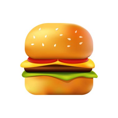 3D Icon Burger veya Hamburger izole edildi. Fast Food Konsepti. Vektör Karikatür Biçimi.