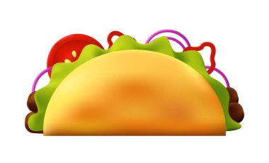 Beyaz Arkaplanda 3 boyutlu Tacos Icon izole edildi. Meksika mutfağı. Geleneksel Fast Food. Vektör İllüstrasyonu.