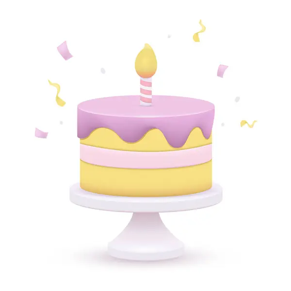 3D Birthday Cake Icon. Cute Holiday Anniversary Celebration Dessert. Vector Illustration Cartoon Minimal Style.