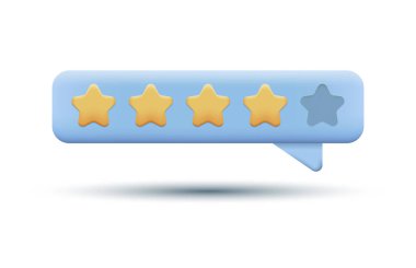 Konuşma balonunda 3 boyutlu sarı yıldızlar. Çevrimiçi Geri bildirim, Anket ya da İnceleme konsepti. Moda Vektörü Gerçekçi İllüstrasyon.