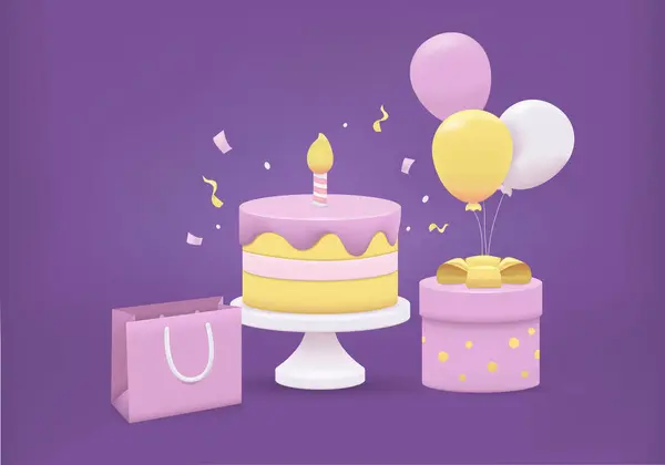 Vector 3d Happy Birthday Holiday Background with Cake, Gift Box, Toy Balloons. Simple Minimal Style Composition.