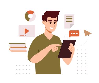 Tabletli adam yeni bir proje üzerinde çalışıyor, araştırma yapıyor ya da online öğrenci. Çevrimiçi Eğitim, Eğitim veya Kurslar. Düz Biçimli Modern Vektör İllüstrasyonu.
