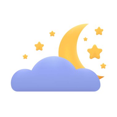 Yıldızlı ve Bulutlu Hilal Ay. Üç boyutlu simge. Dream, Lullaby, Dreams Arka plan Tasarımı. Çizgi film Minimal Tarzı. Moda Vektörü Gerçekçi İllüstrasyon.