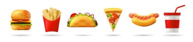 3D Gerçekçi Fast Food Simgeleri Ayarlandı. Hamburger, patates kızartması, taco, pizza, hot dog, meşrubat. Moda Vektör İllüstrasyonu.