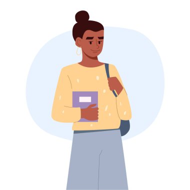 Afrika kökenli Amerikalı Kız Öğrenci Eğitim Edebiyatı 'nı elinde tutuyor. El Çizimi Biçim Vektör Tasarımı Çizimleri.