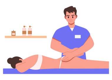 Masaj Terapisti Genç Bir Kadına Anti Selülit Masajı Veriyor. Vücut Bakımı Güzelliği Konsepti, Özel Anti-Selülit Tedavisi. Düz Vektör İllüstrasyonu.