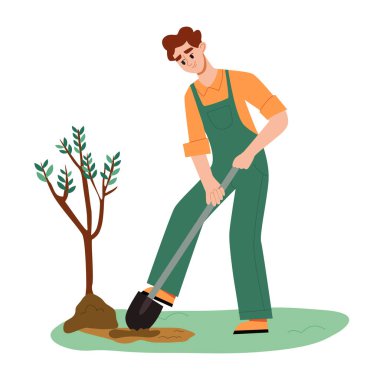 Ağaç dikiyorum. Bahçede Kürekle Toprağı Kazan Adam. Bahçıvanlık kavramı. Vektör İllüstrasyon Düz Çizgi Film Biçimi.