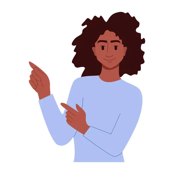 Black Woman Pointing Something White Background Dalam Bahasa Inggris Smiling - Stok Vektor