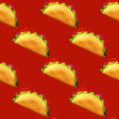 3D Gerçekçi Taco 'lar Kusursuz Desen. Geleneksel Meksika Gıda Arkaplan Çizimi. Vektör Fast Food DokusuName.