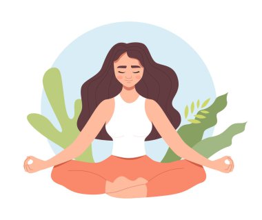 Yoga Nilüfer Duruşu 'nda, Kapalı Gözlü Huzurlu Kadın ve Croosed Legs Meditasyon. Zen ve Harmony kavramı. Düz Vektör Resimleri Şeffaf Arkaplanda İzole Edildi.
