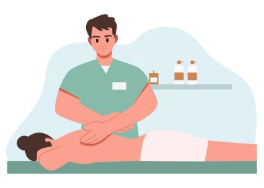 Masaj Terapisti Masaj Yapıyor. Vücut Spa Tedavileri, Rahatlama ve Rahatlama. Sağlık ve Tıp Konsepti. Düz Vektör İllüstrasyonu.