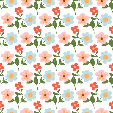 Çiçeklerle Beyaz Arkaplanda Kusursuz Çiçek Örnekleri. Canlı Renkli Harika Çiçek deseni tasarımı.