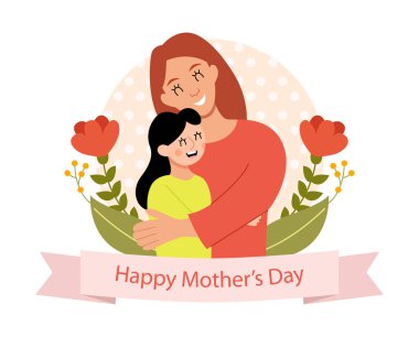 Anne Kızına Sarıldı 'nın Vektör İllüstrasyonu. Anneler Günün kutlu olsun..