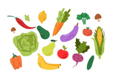 Meyveler ve sebzeler hazır. Sağlıklı yiyecekler. Moda Minimalist Biçimli El Çizimi Vektör İllüstrasyonu.