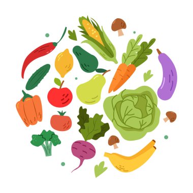 Meyveler ve Sebzeler Yuvarlak Şekle sokuldu. Sağlıklı yiyecekler. Moda Minimalist Biçimli El Çizimi Vektör İllüstrasyonu.