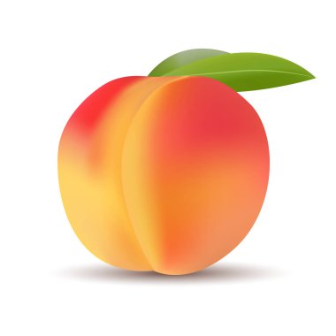 3D Gerçekçi Şeftali, Beyaz Arkaplanda İzole Edildi. Diyet, Reklam Suyu, Sağlıklı Yaşam Tarzı, Beslenme için Şablonlar. Vektör İllüstrasyonu.