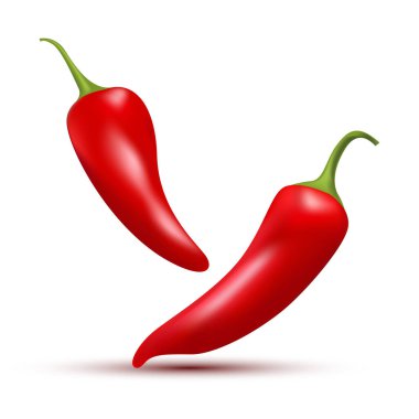 Gerçekçi 3 boyutlu kırmızı biber seti. Şeffaf Arkaplanda Chili Pepper izole edildi. Vektör İllüstrasyonu.