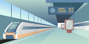 Modern Yüksek Hız Trenleri ve Zamanlaması olan kapalı tren istasyonu platformu. Gelen Yolcu Ekspresi. Düz Biçimli Vektör İllüstrasyonu.
