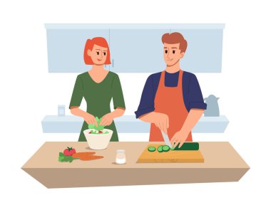 Birlikte sebze salatası pişiren mutlu çift. Ev Mutfağı Pişirme, Erkek ve Kadın Birlikte Hazırlık Yemeği. Düz Biçimli Sağlıklı Yaşam Tarzı ve Vejetaryenlik Vektörü İllüstrasyonu.