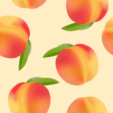 Şeftali ya da kayısı Gerçekçi Kusursuz Desen. Yaz Tropik Arkaplanı. Etiket, Kumaş ve Paketleme için Vektör Meyve Tasarımı.