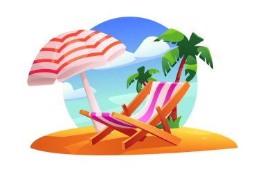 Plaj Şemsiyesi ve Sahilde Sandalyeler. Yaz tatili, seyahat zamanı konsepti. Çizgi film Vektör İllüstrasyonu.
