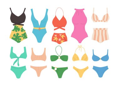 Beyaz arka planda izole edilmiş şık kadın mayosu koleksiyonu. Modaya uygun mayo ve Bikini. Düz Çizgi film Vektör İllüstrasyonu.