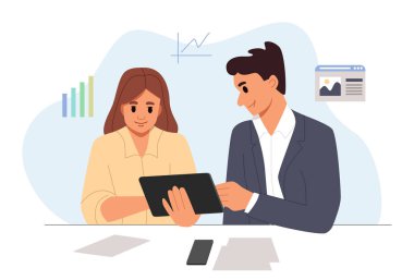 Ofiste Tablet Masasında Oturan İki Meslektaş Erkek ve Kadın Proje Tartışıyor. Birlikte çalışan iş adamları. Düz Çizgi film Vektör İllüstrasyonu.