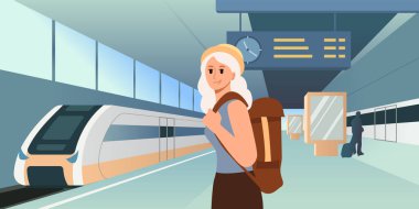 Yaz Seyahati Kaygıları. Sırt çantalı kadın tren istasyonunda bekliyor. Vektör İllüstrasyonu.