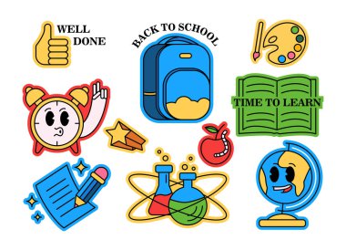 Okul Rozet Koleksiyonu 'na dönüyoruz. Eğitim etiketleri okul malzemeleri izole edildi. Retro biçiminde Vektör İllüstrasyonu.