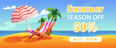 Yaz Satışı Bayrağı. Plaj Şemsiyesi ve Sahilde Sandalyeler. Yaz tatili. Ada Tatili kavramı. Çizgi film Vektör İllüstrasyonu.