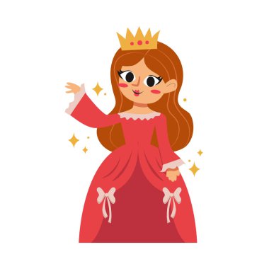 Kırmızı Balo Elbisesi ve Altın Taç Giyen Şirin Çizgi Film Prensesi. El Çekimi Vektör Görüntülemesi.