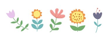 Soyut Çiçekler Ayarlandı. Çocuk Sanatları. Renkli Düz Vektör Resimleri.