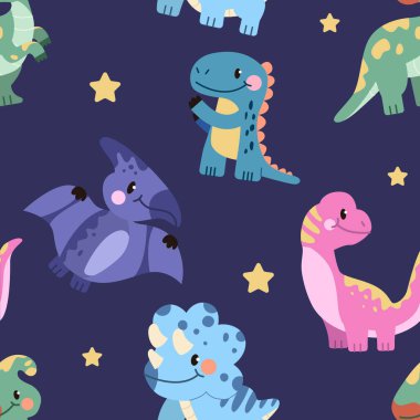 Patttern Şirin Bebek Dinozorlar. Hayvani Kusursuz Arkaplan, Kumaş, Duvar Kağıdı, Tekstil, Ambalaj Kağıdı. Çizgi film Vektör İllüstrasyonu.